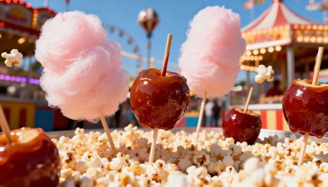 Carnival Caramel Apples Gleaming Over Popcorn with Fluffy Pink Cotton Candy and Lights