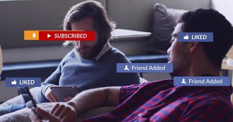 Two men relaxing on sofa browsing social media with friend-added liked subscribed overlays