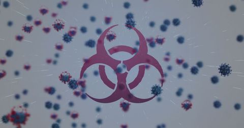 Virus cells near vibrant biohazard symbol indicating health risk