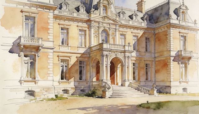Sunlit ornate french-style mansion watercolor painting showcasing grand portico and steps