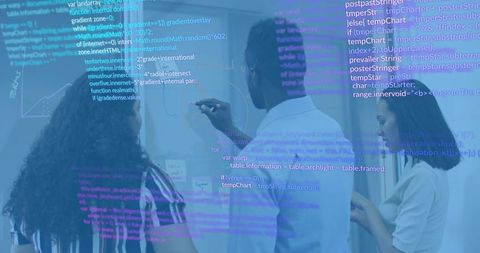 Team collaborating on glass wall with projected code overlay and agile brainstorming