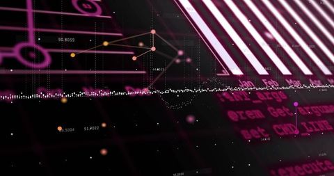 Futuristic Neon Data Visualization Dashboard with Node-Link Network, Waveform and Barcode