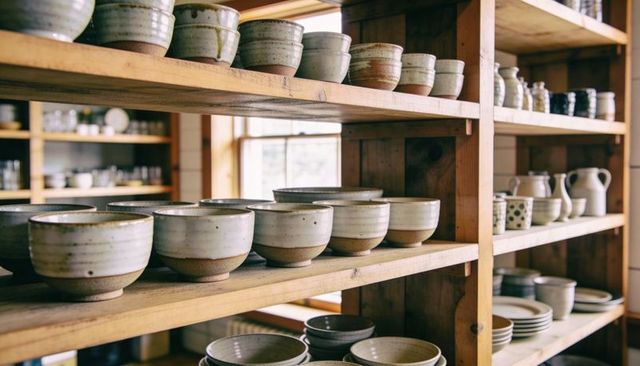 Displaying handmade stoneware bowls on wooden shelves in sunlit pottery studio