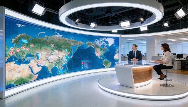 Anchors presenting live global briefing in high-tech tv studio with curved led map