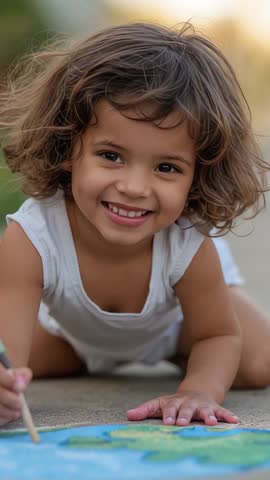 Young Child Painting with Chalk Pastels on Patio, Smiling and Creating Art — Vertical Video