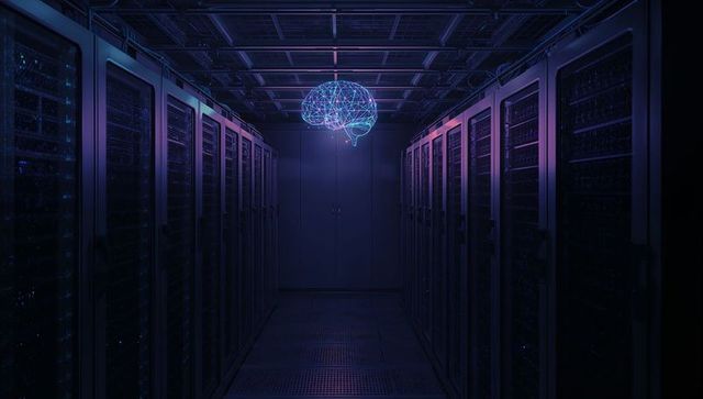Holographic neural brain floating above datacenter aisle with neon cyan magenta lighting