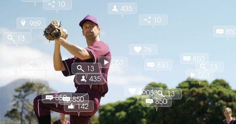 Dynamic Pitcher Surrounded by Social Media Engagement Icons