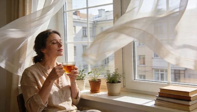Midlife woman savoring morning tea by sunny window with billowing curtains and houseplants