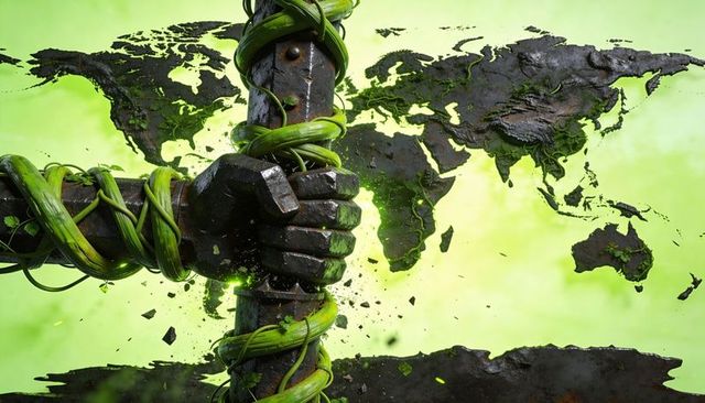 Metal hands gripping pole wrapped by neon green vines over rusted world map