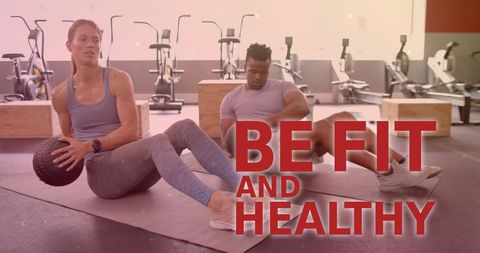 Diverse athletes exercising with text overlay in gym environment