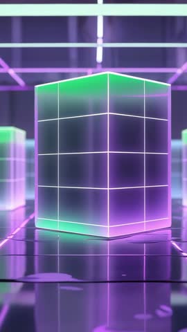 Vertical neon cube rotating in futuristic grid room with overhead light bars, cyber loop