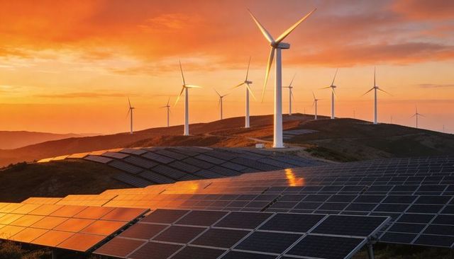 Golden hour solar arrays reflecting sunset light with wind turbines on rolling ridge clean energy