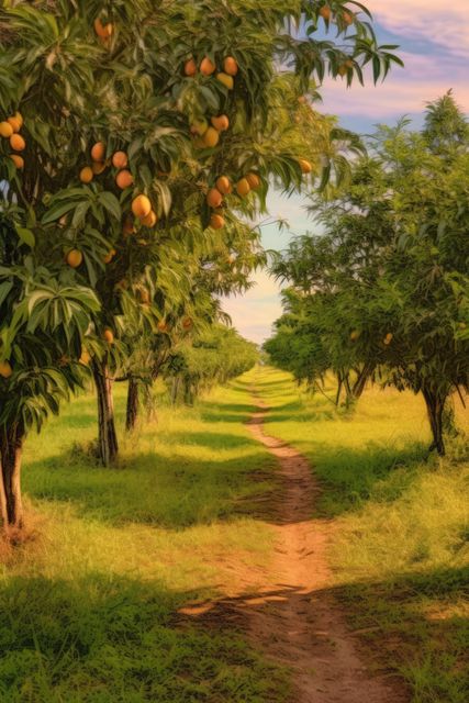 This image showcases a scenic pathway winding through a lush mango orchard during sunset. The trees are laden with ripe mangoes, and the pathway invites a soothing stroll amidst nature. Perfect for use in agricultural articles, travel blogs, and environmental websites to illustrate the beauty of fruit farming and tropical landscapes.