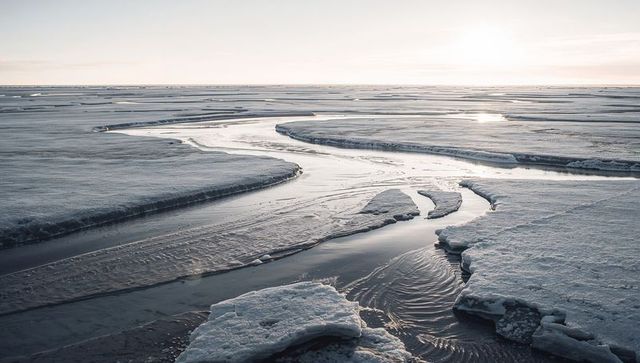 Sinuous arctic meltwater channel slicing sea ice at pale sunrise, minimal frozen expanse
