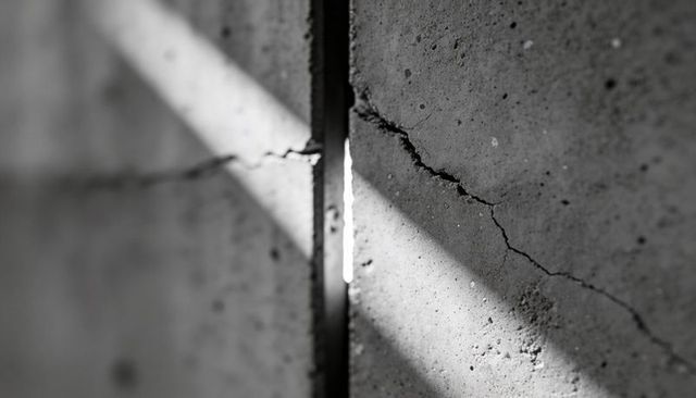 Narrow Light Beam Casting Through Vertical Seam on Cracked Concrete Wall, Monochrome