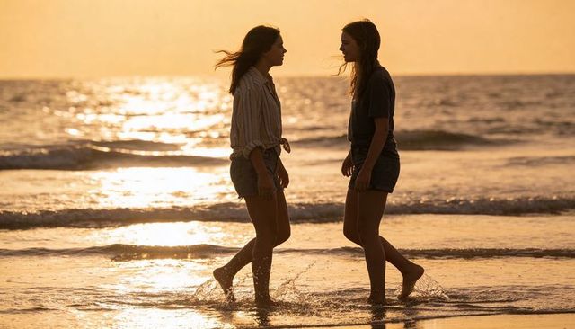 Two young women walking and talking on sunset beach with golden reflections and waves