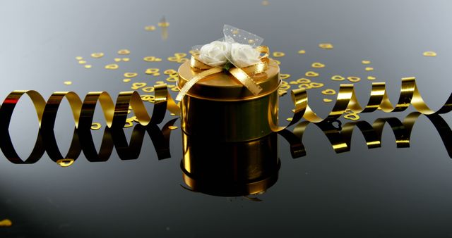 A black gift box with a white bow and gold confetti implies a festive celebration. - Download Free Stock Photos Pikwizard.com
