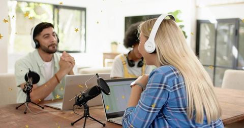 Podcasters Recording at Home with Headphones, Laptops and Studio Microphones, Collaborating