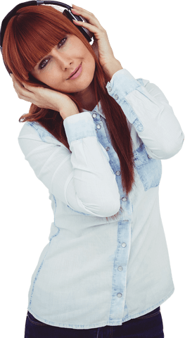 Smiling Woman Listening to Music with Headphones on Transparent Background