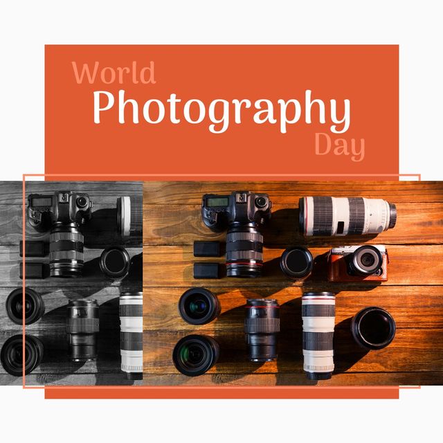 Creative layout concept showing various cameras and lenses on wooden background, perfect for illustrating World Photography Day events or promotions. Ideal for photography blogs, product catalogs, marketing materials, and social media campaigns.