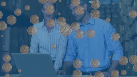 Business Professionals Using Laptop in Warehouse with Coin Overlay