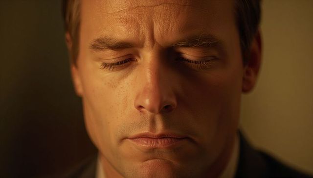 Contemplative businessman furrowing brow with closed eyes cinematic warm headshot