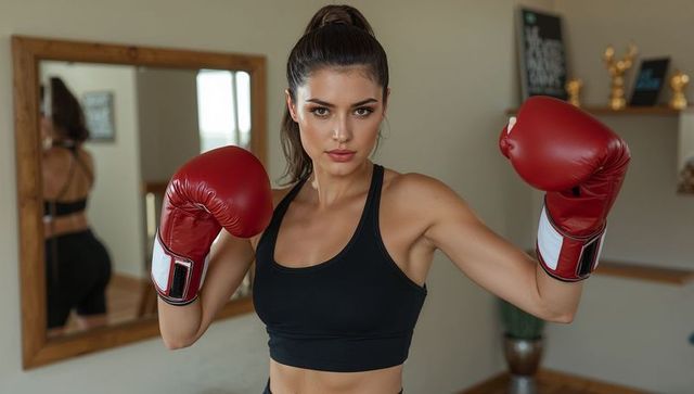 Focused female boxer training in home studio with red gloves, mirror reflection and trophies