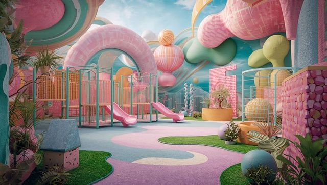 Whimsical pastel playground with twin pink slides, teal cages and floating arches