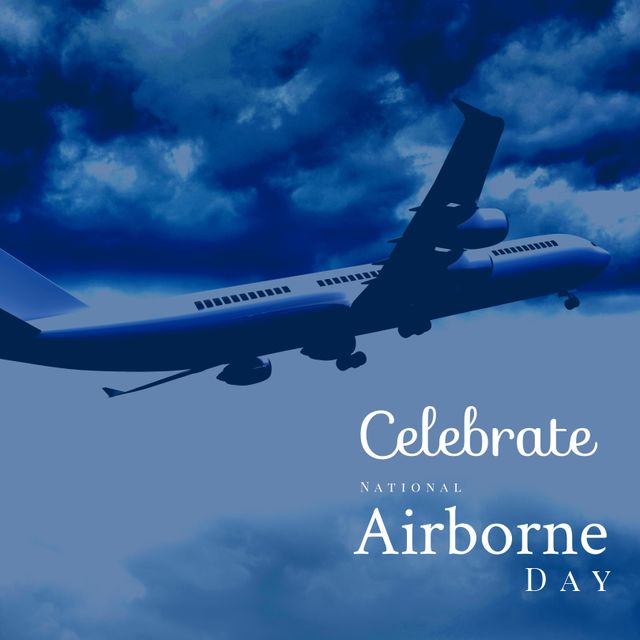 Image of celebrate national airborne day over sky with clouds and plane. Aircraft, travel, transport and celebration concept.