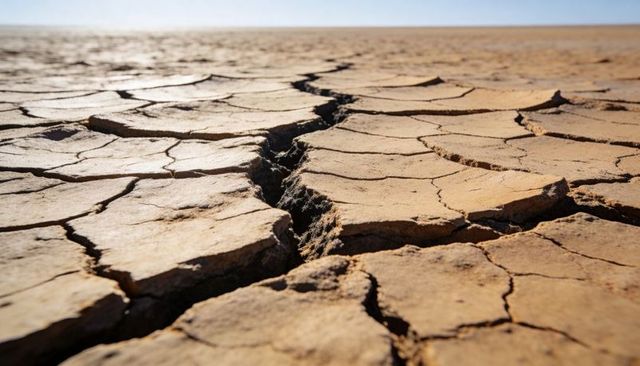 Cracked desert floor stretching to horizon with deep diagonal fissure and arid texture