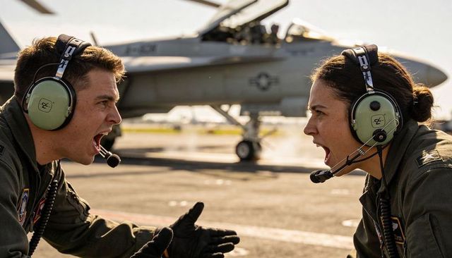 Shouting flight-deck crew communicating urgently while fighter jet preparing for launch