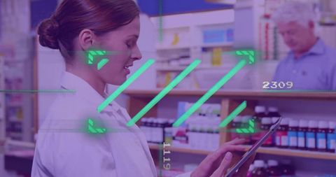 Pharmacist holding tablet checking medicine shelves with augmented reality hud in pharmacy