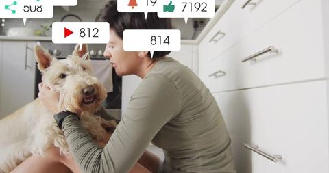 Woman Engaging Terrier in Cozy Kitchen Ambiance