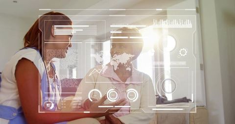 Home nurse consulting senior with tablet and augmented reality HUD for telemedicine care