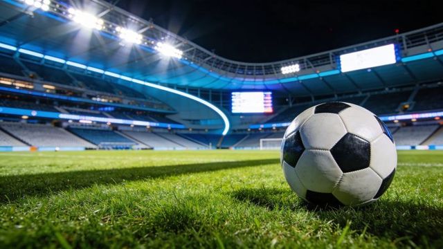 Soccer ball resting on floodlit stadium pitch at night