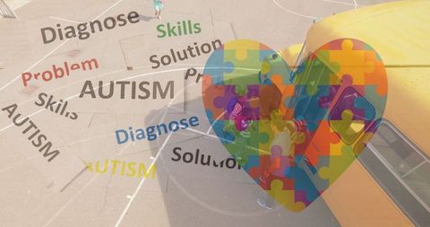 Autism Awareness Concept with Puzzle Heart and Children Boarding School Bus - Download Free Stock Images Pikwizard.com
