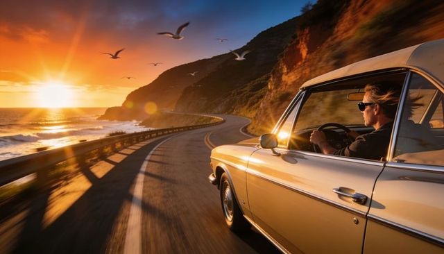 Vintage coupe cruising golden-hour coastal highway at sunset, cinematic road trip freedom