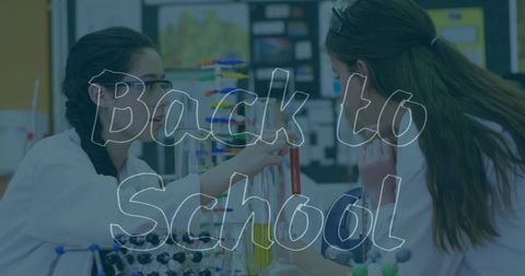 Students Collaborating in Science Laboratory with Back to School Theme