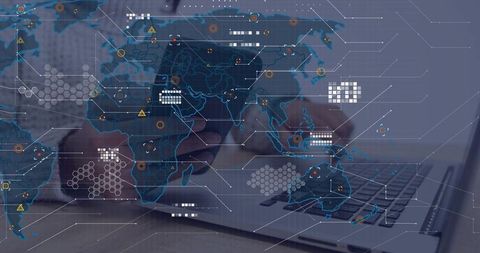Hands holding smartphone over laptop with global connectivity overlay showing data flow
