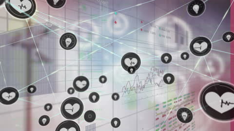 Digital Health Technology Display with Heart Icons and Data Analytics