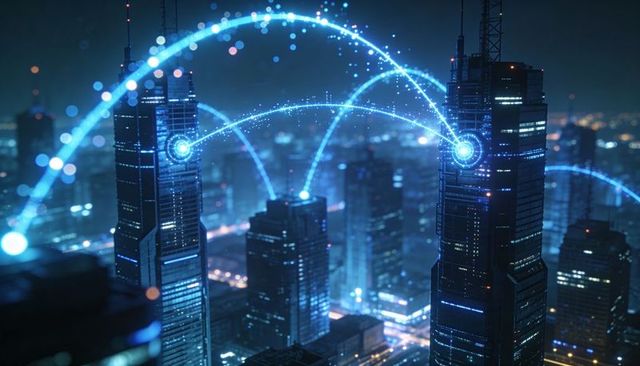 Neon network connecting skyscrapers with glowing data arcs over futuristic night metropolis