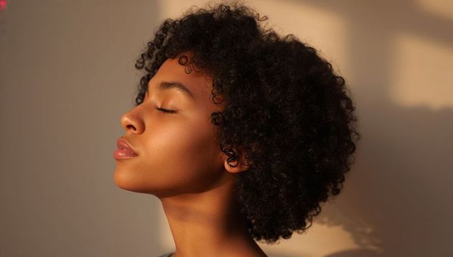 Sunlit profile of young woman with short curly hair closing eyes in warm light