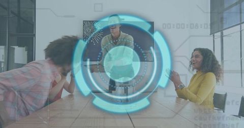 Diverse team celebrating collaboration at conference table with holographic hud overlay