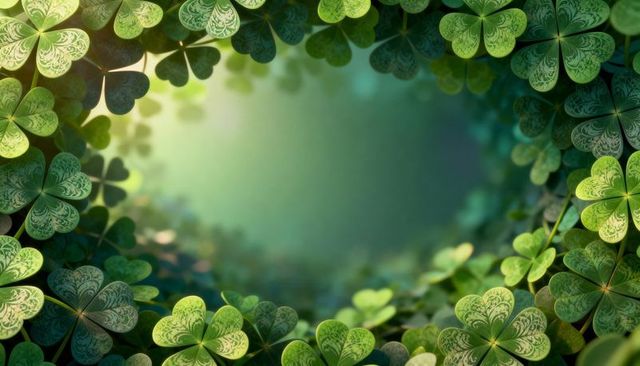 Framing shamrock wreath with sunlit bokeh center for st patrick's day background