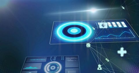 Futuristic neon hud projecting holographic data rings, charts, networked medical analytics