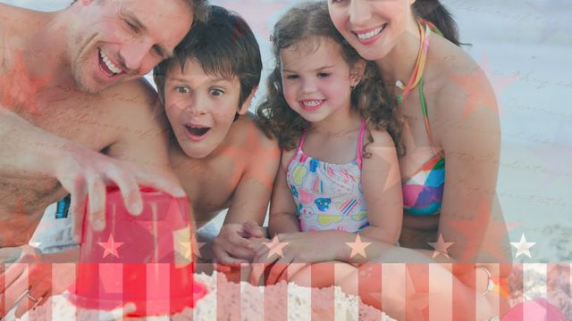 Caucasian family enjoying beach vacation, building sandcastles together. USA flag pattern symbolizes national pride and patriotism, ideal for promoting family vacations, national holidays, or patriotic campaigns.