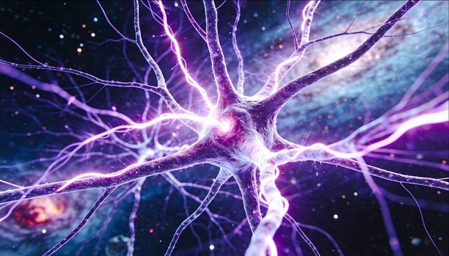 Luminescent neuron transmitting purple electrical pulses through dendrites toward galaxy