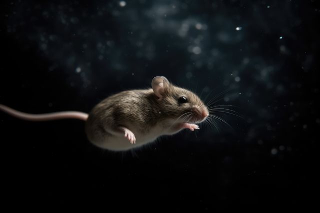 Small mouse appearing to float in mid-air against a dreamy bokeh background. Perfect for wildlife photography, serene ambiance themes, or adding an artistic touch to animal-related projects. The soft ambient light enhances the delicate appearance of the mouse, making it suitable for educational materials, web design, or decorative prints.