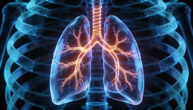 Displaying translucent lungs with glowing bronchi and trachea within cyan rib cage