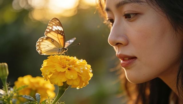 Gazing asian woman admiring butterfly on dewy marigold during golden hour closeup